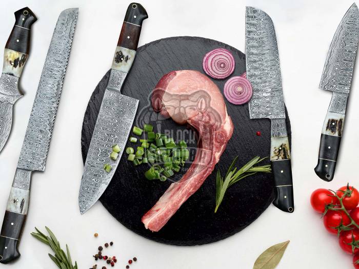 Bmk-707 Snow Leopard Damascus Steel Chef Knives Set with dagger Hand Made Black Mamba Knives