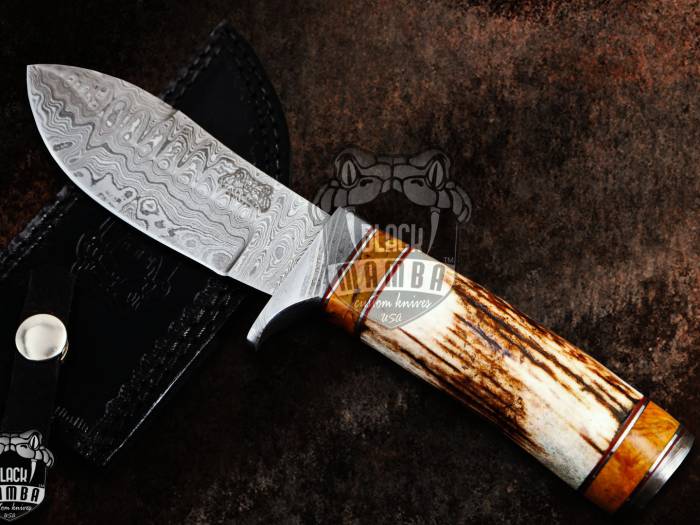 BMK-111-B-C PERSIAN YUMA Knife 9" Long 4.5"Blade" 10.5 oz Damascus Steel Fixed Blade Hunitng knife Brown Calcite Spacers Black mamba Hand Made World Class knives USA Made