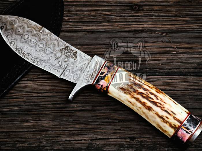 BMK-111-R PERSIAN YUMA Knife  9" Long 4.5"Blade" 10.5oz Hunting Fixed Blade knife Damascus Steel RHODONITE  Spacers Stag Handle Knife Black mamba Hand Made World Class knives USA Made