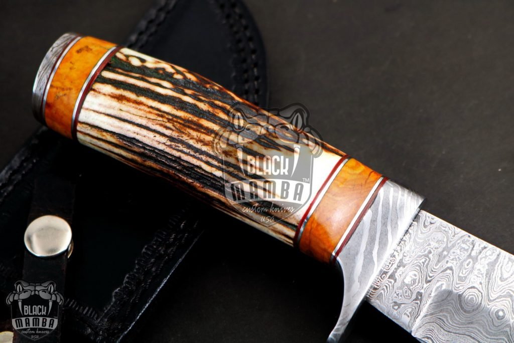 BMK-111-B-C PERSIAN YUMA Knife 9" Long 4.5"Blade" 10.5 oz Damascus Steel Fixed Blade Hunitng knife Brown Calcite Spacers Black mamba Hand Made World Class knives USA Made - Image 6