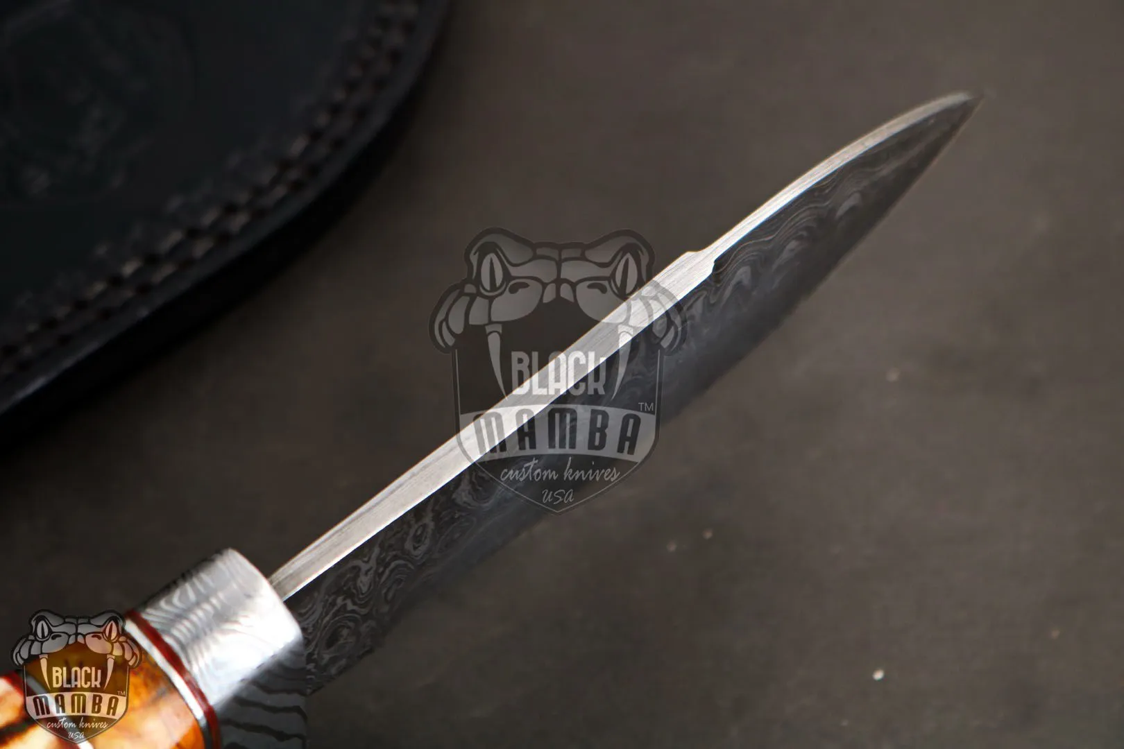 C PERSIAN YUMA Knife 9″ Long 4.5″ Blade” 10.5 Oz Damascus Steel Fixed Blade Hunting Knife Brown Calcite Spacers Black Mamba Hand Made World Class Knives USA Made | BMK-111-B - view 8