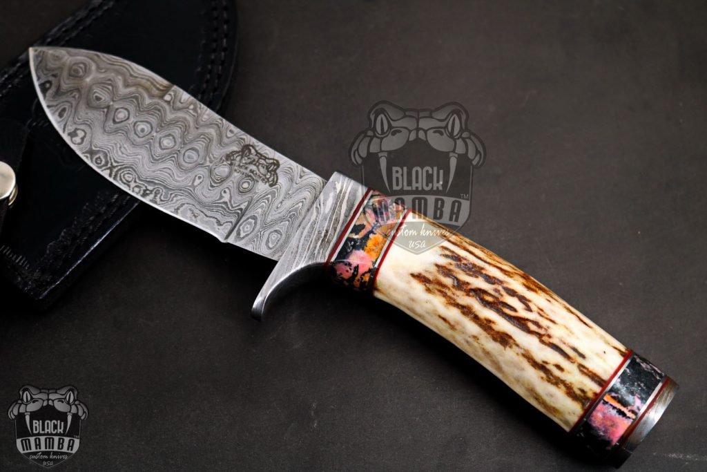 BMK-111-R PERSIAN YUMA Knife  9" Long 4.5"Blade" 10.5oz Hunting Fixed Blade knife Damascus Steel RHODONITE  Spacers Stag Handle Knife Black mamba Hand Made World Class knives USA Made - Image 2