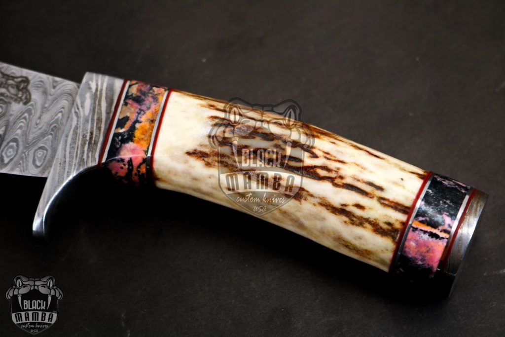 BMK-111-R PERSIAN YUMA Knife  9" Long 4.5"Blade" 10.5oz Hunting Fixed Blade knife Damascus Steel RHODONITE  Spacers Stag Handle Knife Black mamba Hand Made World Class knives USA Made - Image 4