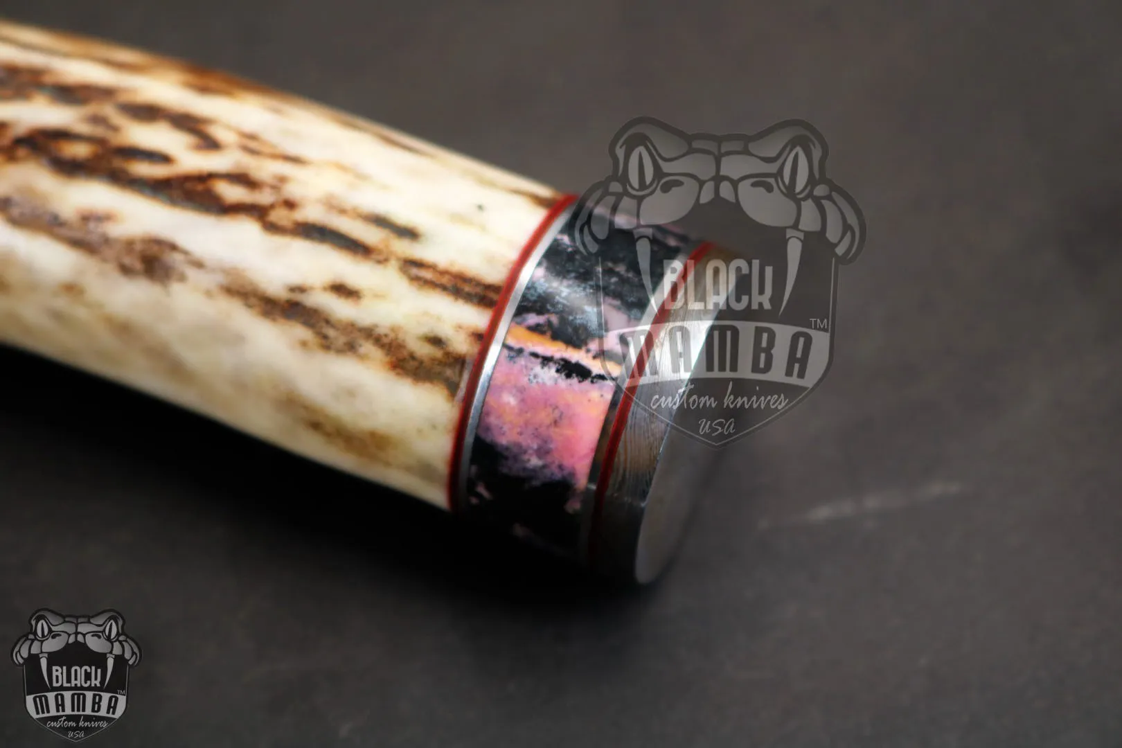 PERSIAN YUMA Knife 9″ Long 4.5″ Blade” 10.5oz Hunting Fixed Blade Knife Damascus Steel RHODONITE Spacers Stag Handle Knife Black Mamba Hand Made World Class Knives USA Made | BMK-111-R - view 5