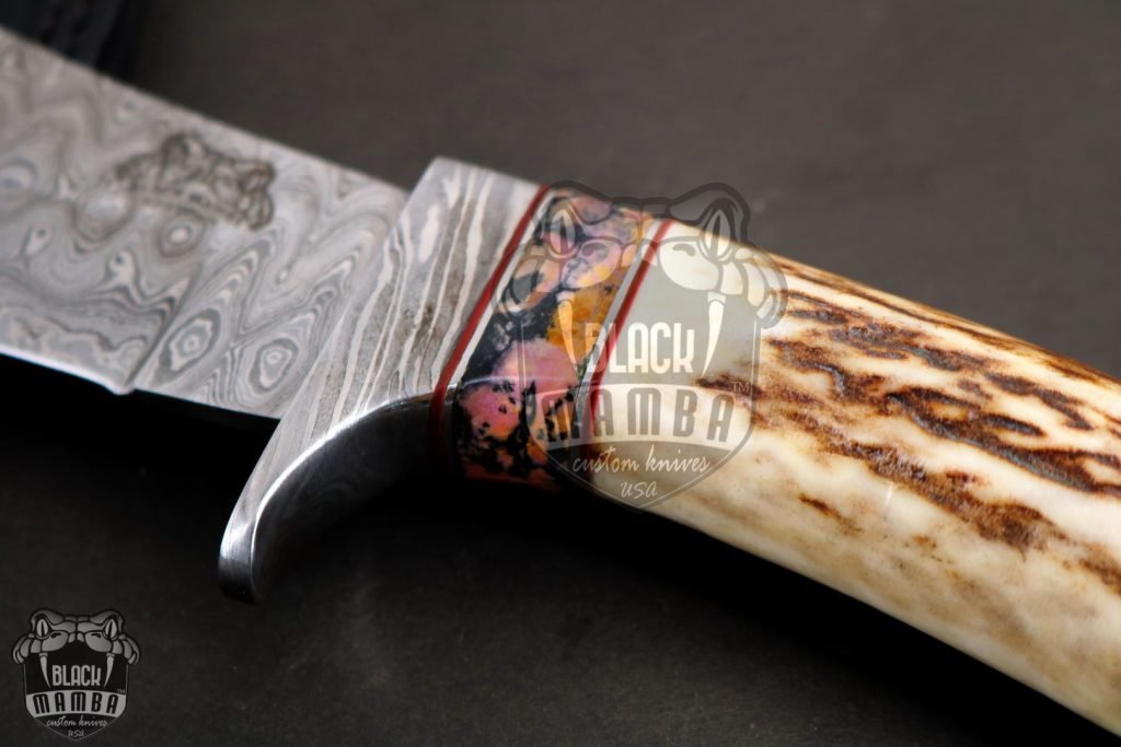 BMK-111-R PERSIAN YUMA Knife  9" Long 4.5"Blade" 10.5oz Hunting Fixed Blade knife Damascus Steel RHODONITE  Spacers Stag Handle Knife Black mamba Hand Made World Class knives USA Made - Image 6