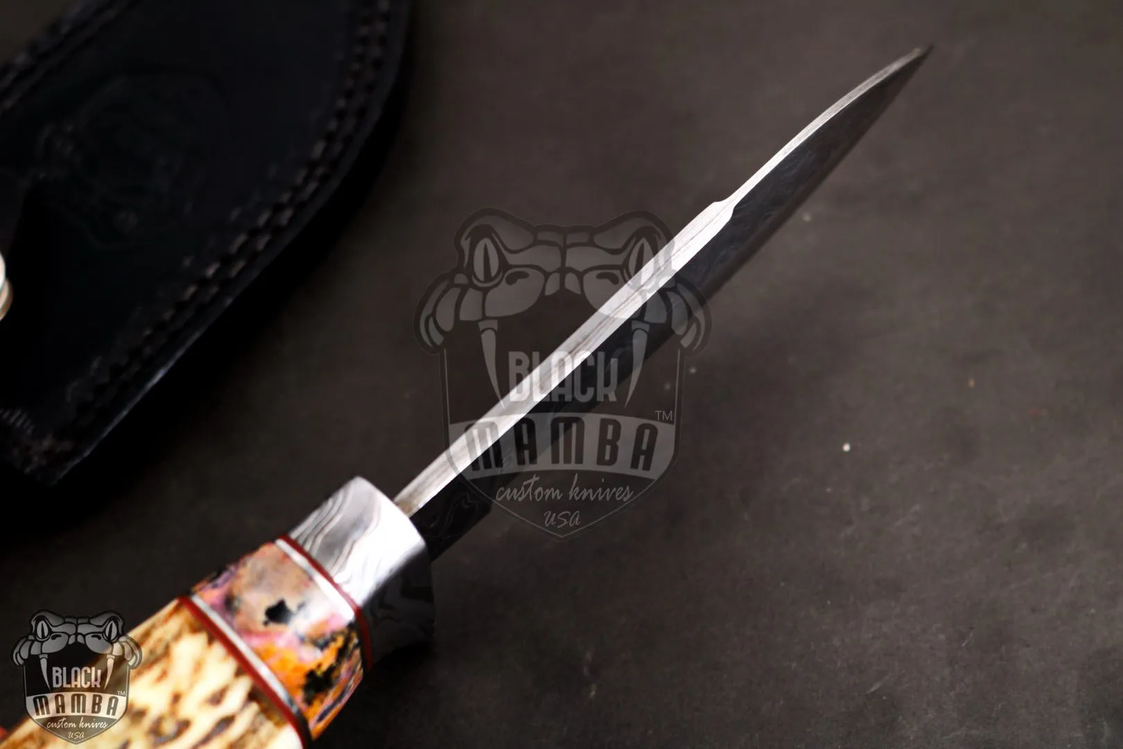 PERSIAN YUMA Knife 9″ Long 4.5″ Blade” 10.5oz Hunting Fixed Blade Knife Damascus Steel RHODONITE Spacers Stag Handle Knife Black Mamba Hand Made World Class Knives USA Made | BMK-111-R - view 8