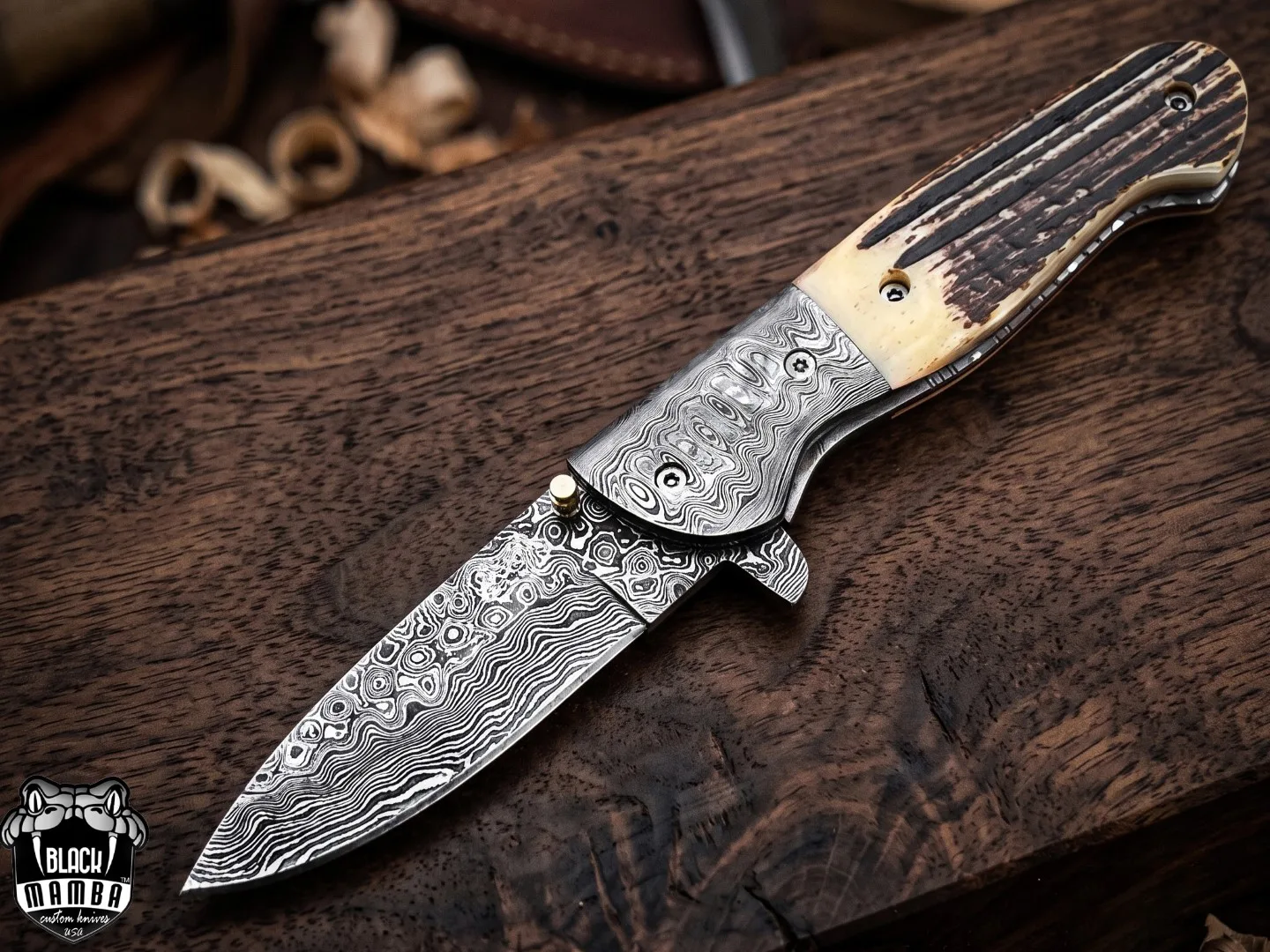 Queen Snake - Damascus Folding Pocket Knife, 8.5″ Overall, Stag Handle - view 3