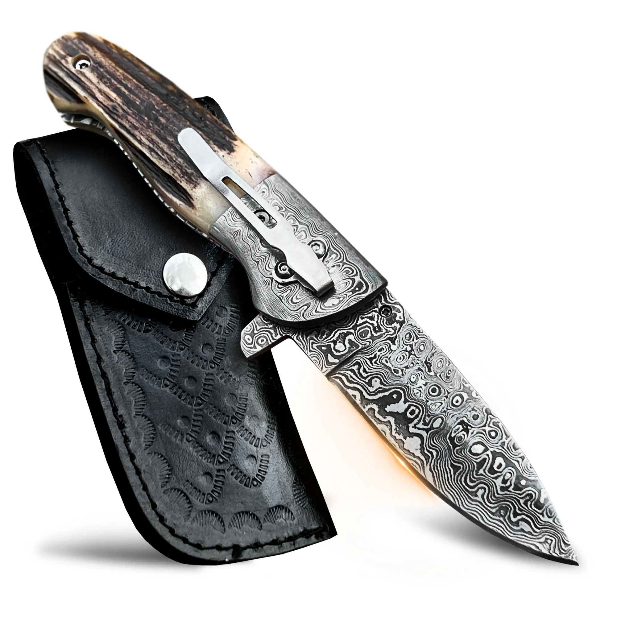 Bmk-445 Queen Snake 8.5" Long Damascus Pocket Knife Damascus Hunting Knife Stag Antler Handle Pocket Clip Knife with Leather Sheath USA Made - Image 6