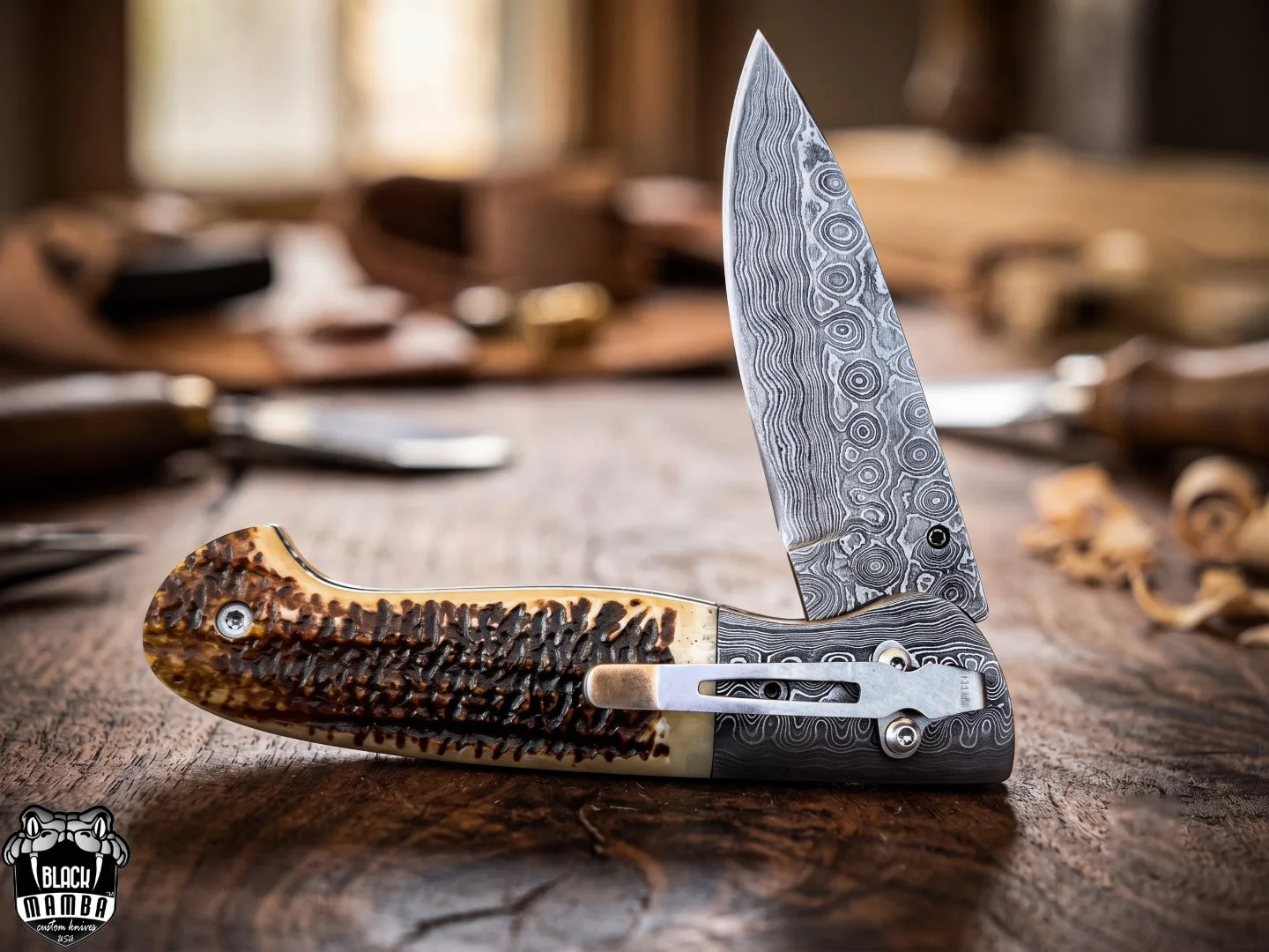 Queen Snake - Damascus Folding Pocket Knife, 8.5″ Overall, Stag Handle - view 5