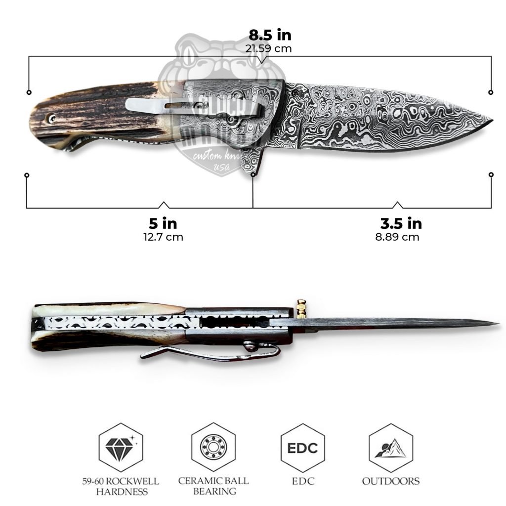 Bmk-445 Queen Snake 8.5" Long Damascus Pocket Knife Damascus Hunting Knife Stag Antler Handle Pocket Clip Knife with Leather Sheath USA Made - Image 7