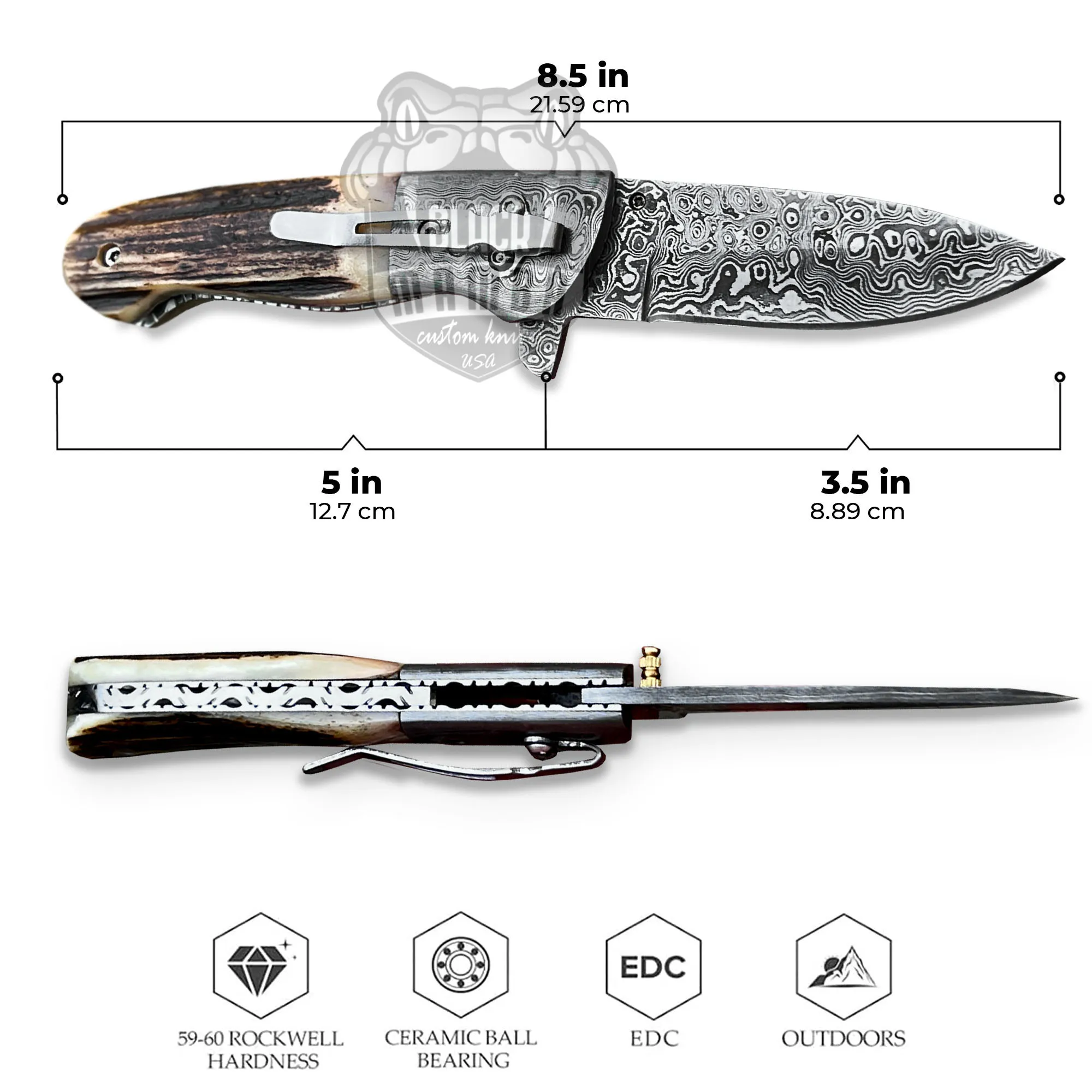 Bmk-445 Queen Snake 8.5" Long Damascus Pocket Knife Damascus Hunting Knife Stag Antler Handle Pocket Clip Knife with Leather Sheath USA Made - Image 7
