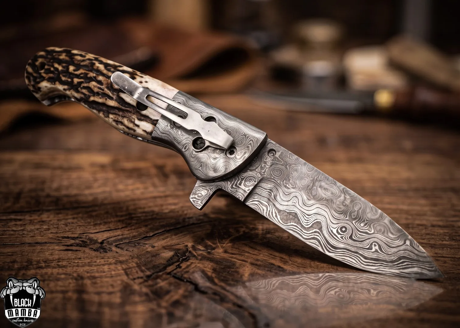 Queen Snake - Damascus Folding Pocket Knife, 8.5″ Overall, Stag Handle - view 4