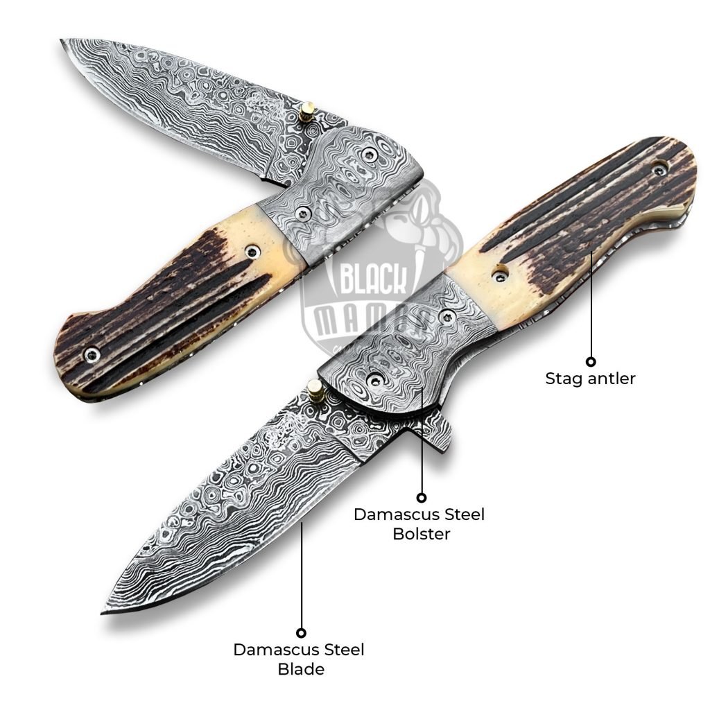 Bmk-445 Queen Snake 8.5" Long Damascus Pocket Knife Damascus Hunting Knife Stag Antler Handle Pocket Clip Knife with Leather Sheath USA Made - Image 8