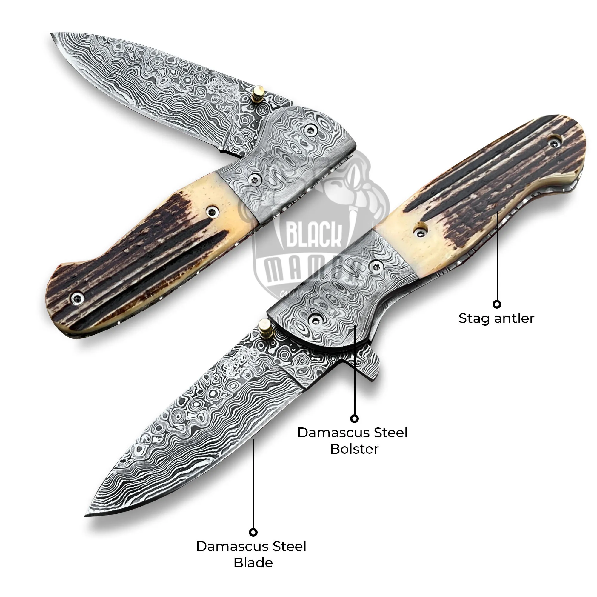 Bmk-445 Queen Snake 8.5" Long Damascus Pocket Knife Damascus Hunting Knife Stag Antler Handle Pocket Clip Knife with Leather Sheath USA Made - Image 8