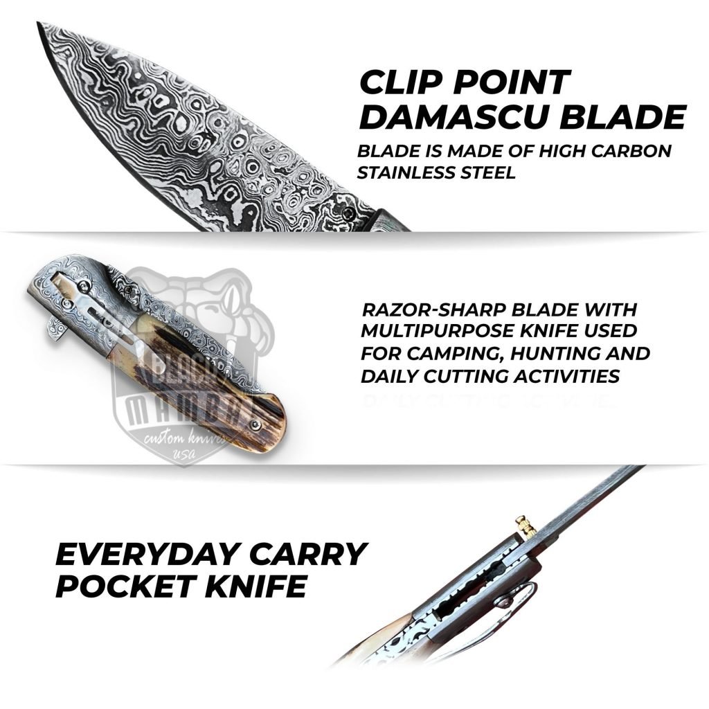 Bmk-445 Queen Snake 8.5" Long Damascus Pocket Knife Damascus Hunting Knife Stag Antler Handle Pocket Clip Knife with Leather Sheath USA Made - Image 9