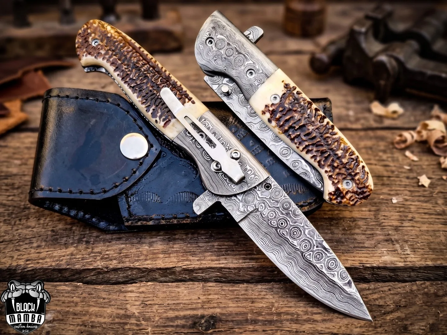 Queen Snake - Damascus Folding Pocket Knife, 8.5″ Overall, Stag Handle