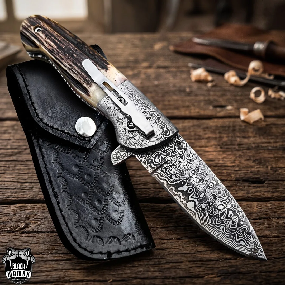 Queen Snake - Damascus Folding Pocket Knife, 8.5″ Overall, Stag Handle - view 2