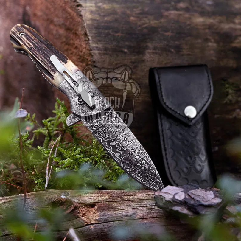Bmk-445 Queen Snake 8.5" Long Damascus Pocket Knife Damascus Hunting Knife Stag Antler Handle Pocket Clip Knife with Leather Sheath USA Made - Image 5