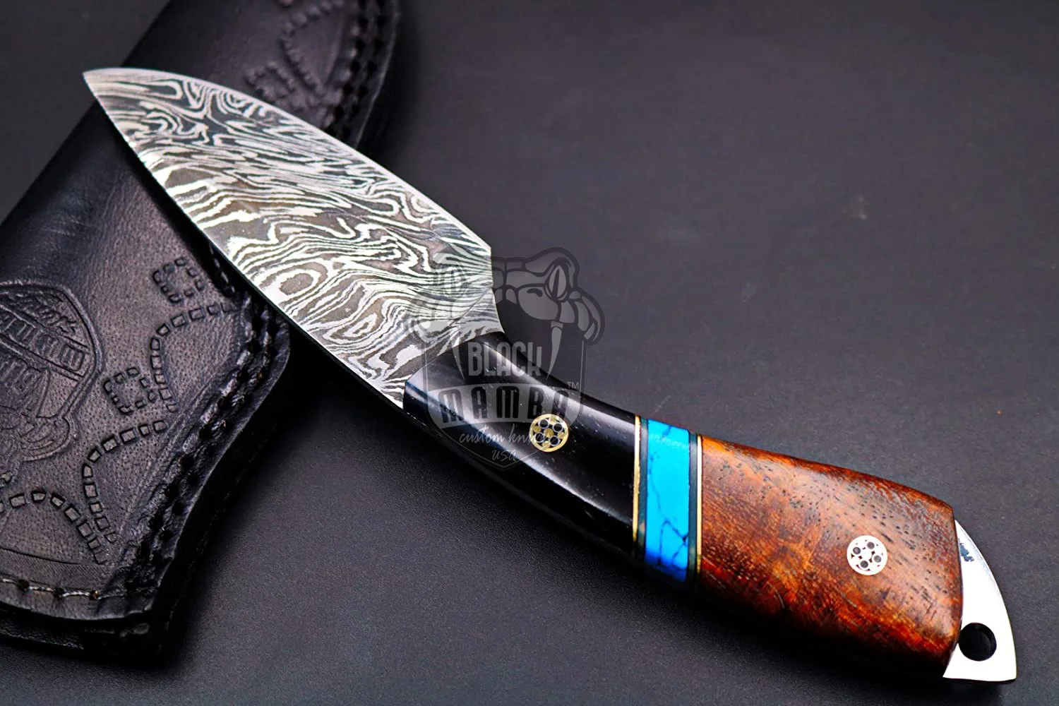 Barons Racer Snake 6.5 Inches Long 3 Inches Blade 10 Ounce Damascus Skinner Hunting Fixed Blade Knife Damascus Hand Made Black Mamba Knives World… | BMK-166 - view 5