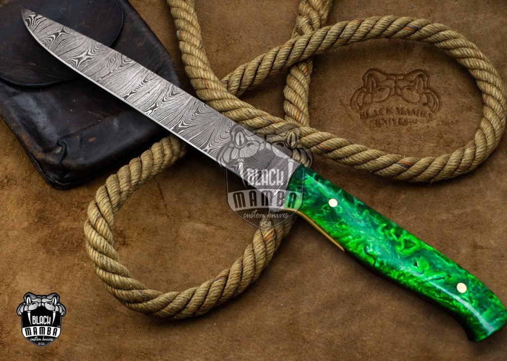 Bmk-712 Green Mamba 14 Inches Damascus Knife Damascus Fish Fillet Knife Utility Knife Chef's Knives Ergonomic Handle With Leather Sheath USA Made