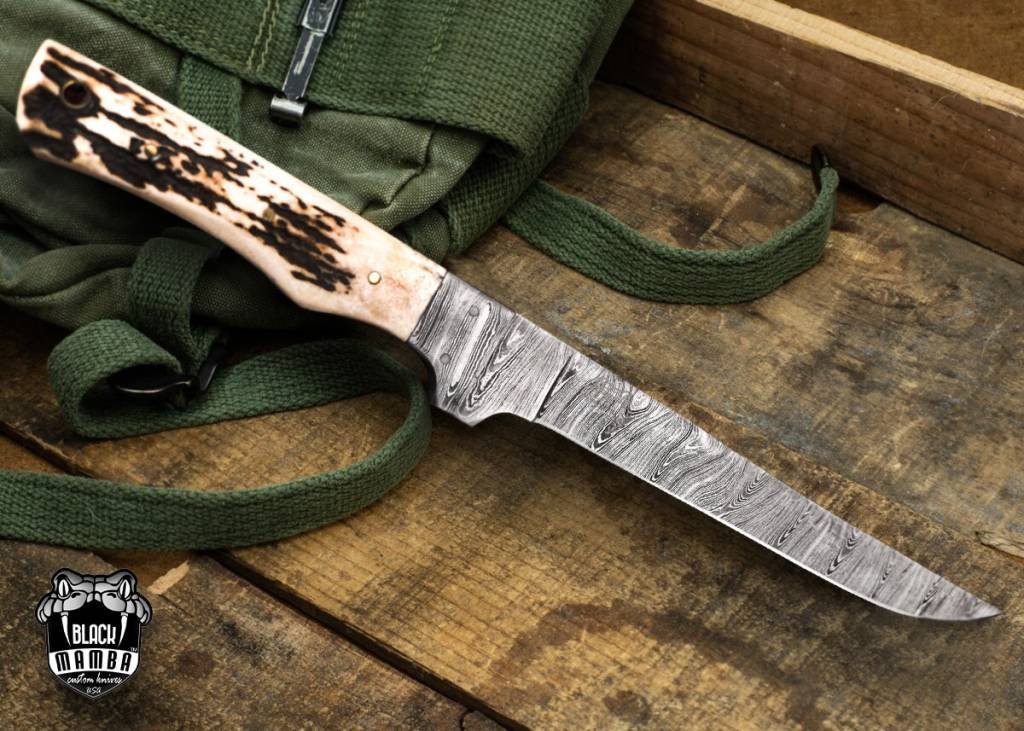 Bmk-713 Colorado Snake 7.8 Inches Damascus Knife Damascus Fish Fillet Knife Utility Knife Chef's Knives Ergonomic Handle With Leather Sheath