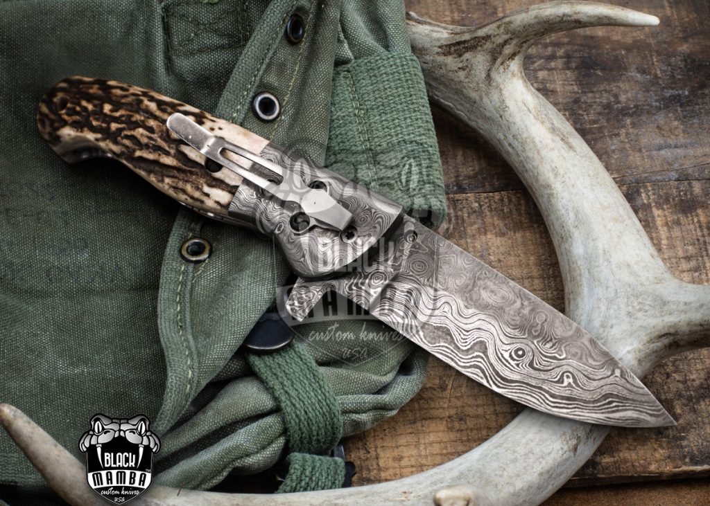 Bmk-445 Queen Snake 8.5" Long Damascus Pocket Knife Damascus Hunting Knife Stag Antler Handle Pocket Clip Knife with Leather Sheath USA Made - Image 4