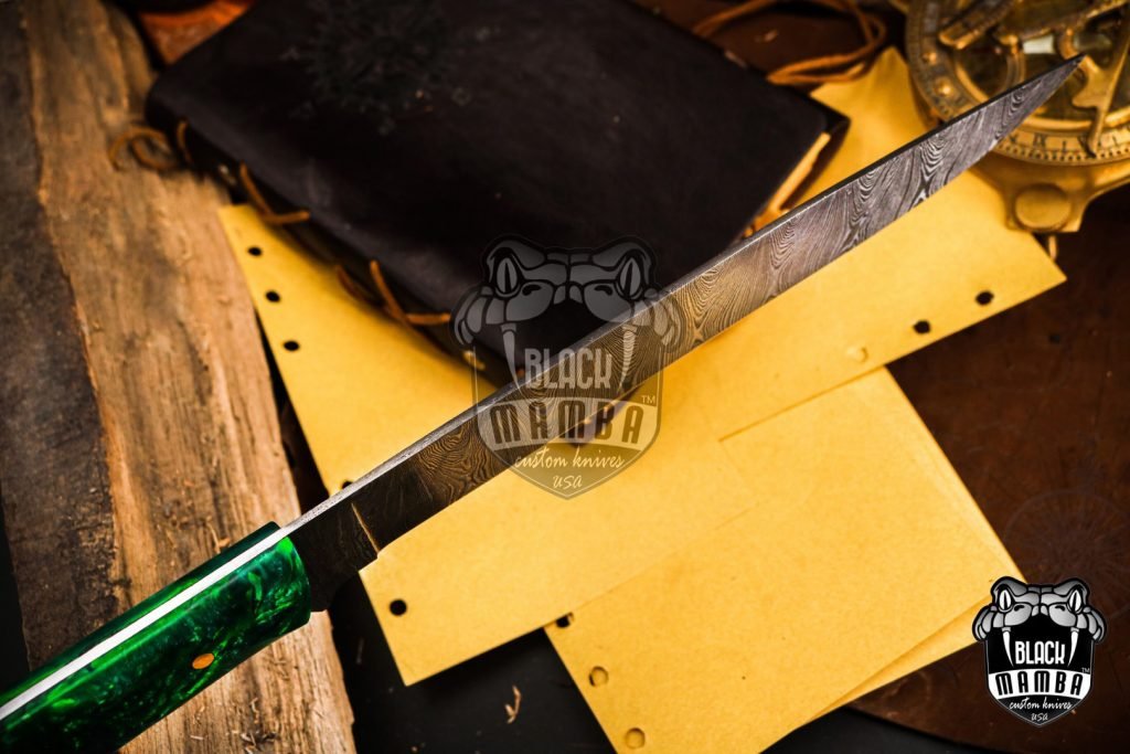 Bmk-712 Green Mamba 14 Inches Damascus Knife Damascus Fish Fillet Knife Utility Knife Chef's Knives Ergonomic Handle With Leather Sheath USA Made - Image 7