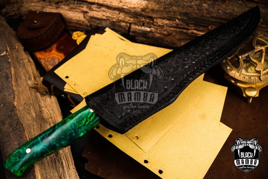 Bmk-712 Green Mamba 14 Inches Damascus Knife Damascus Fish Fillet Knife Utility Knife Chef's Knives Ergonomic Handle With Leather Sheath USA Made - Image 9
