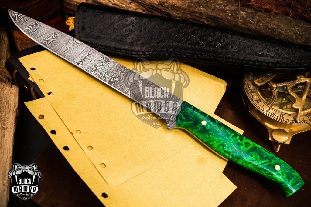 Bmk-712 Green Mamba 14 Inches Damascus Knife Damascus Fish Fillet Knife Utility Knife Chef's Knives Ergonomic Handle With Leather Sheath USA Made - Image 10