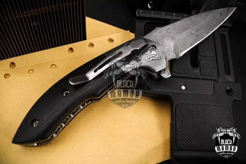 Bmk-442 Clubber 8.3" inches Closed Damascus Pocket Knife Damascus Steel Hunting Knife G10 Handle Black Mamba Knives Handmade World Class Knives USA Made
