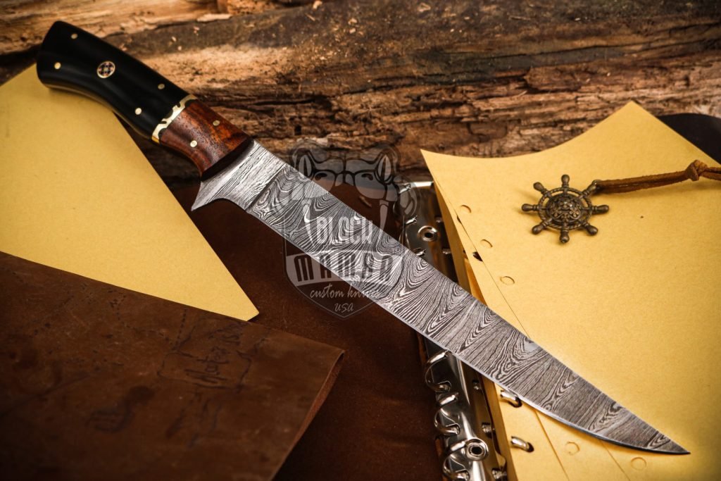 Bmk-716 Shishamo 8 Inches Damascus Knife Damascus Fish Fillet Knife Utility Knife Chef's Knives Ergonomic Handle With Leather Sheath black resin, walnut wood spacer and brass file work spacer , Decorative pin