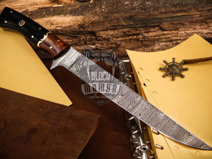 Bmk-716 Shishamo 8 Inches Damascus Knife Damascus Fish Fillet Knife Utility Knife Chef's Knives Ergonomic Handle With Leather Sheath black resin, walnut wood spacer and brass file work spacer , Decorative pin