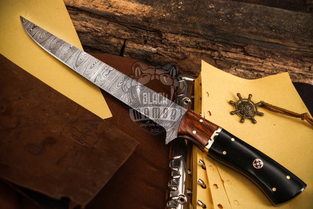 Bmk-716 Shishamo 8 Inches Damascus Knife Damascus Fish Fillet Knife Utility Knife Chef's Knives Ergonomic Handle With Leather Sheath black resin, walnut wood spacer and brass file work spacer , Decorative pin - Image 4