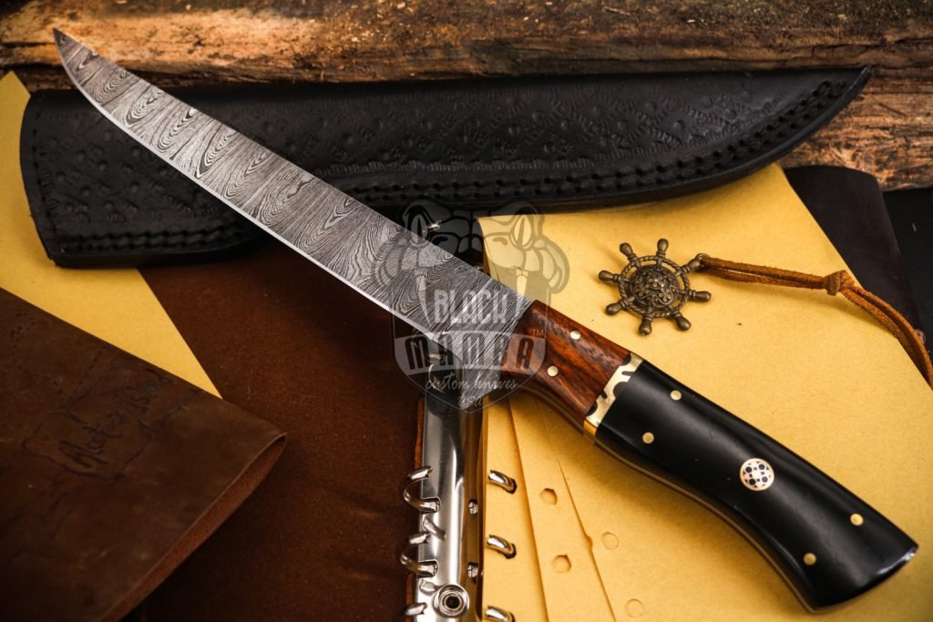 Bmk-716 Shishamo 8 Inches Damascus Knife Damascus Fish Fillet Knife Utility Knife Chef's Knives Ergonomic Handle With Leather Sheath black resin, walnut wood spacer and brass file work spacer , Decorative pin - Image 6
