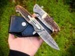 Bmk-445 Queen Snake 8.5" Long Damascus Pocket Knife Damascus Hunting Knife Stag Antler Handle Pocket Clip Knife with Leather Sheath USA Made