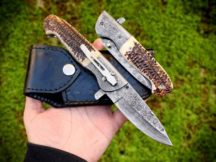 Bmk-445 Queen Snake 8.5" Long Damascus Pocket Knife Damascus Hunting Knife Stag Antler Handle Pocket Clip Knife with Leather Sheath USA Made