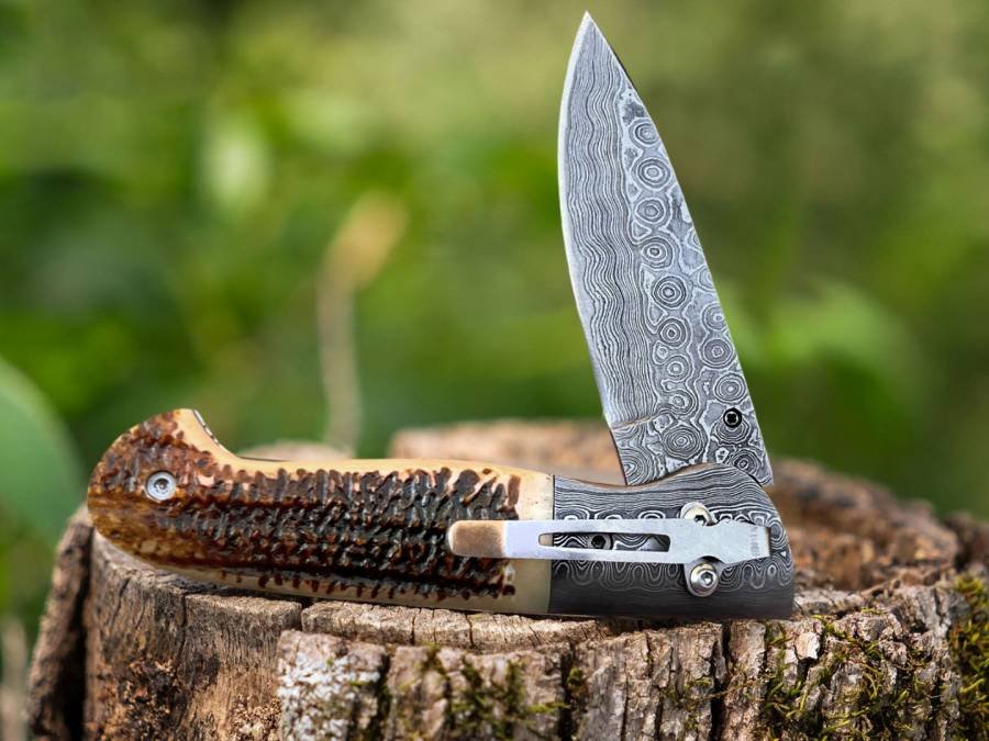 Bmk-445 Queen Snake 8.5" Long Damascus Pocket Knife Damascus Hunting Knife Stag Antler Handle Pocket Clip Knife with Leather Sheath USA Made - Image 3