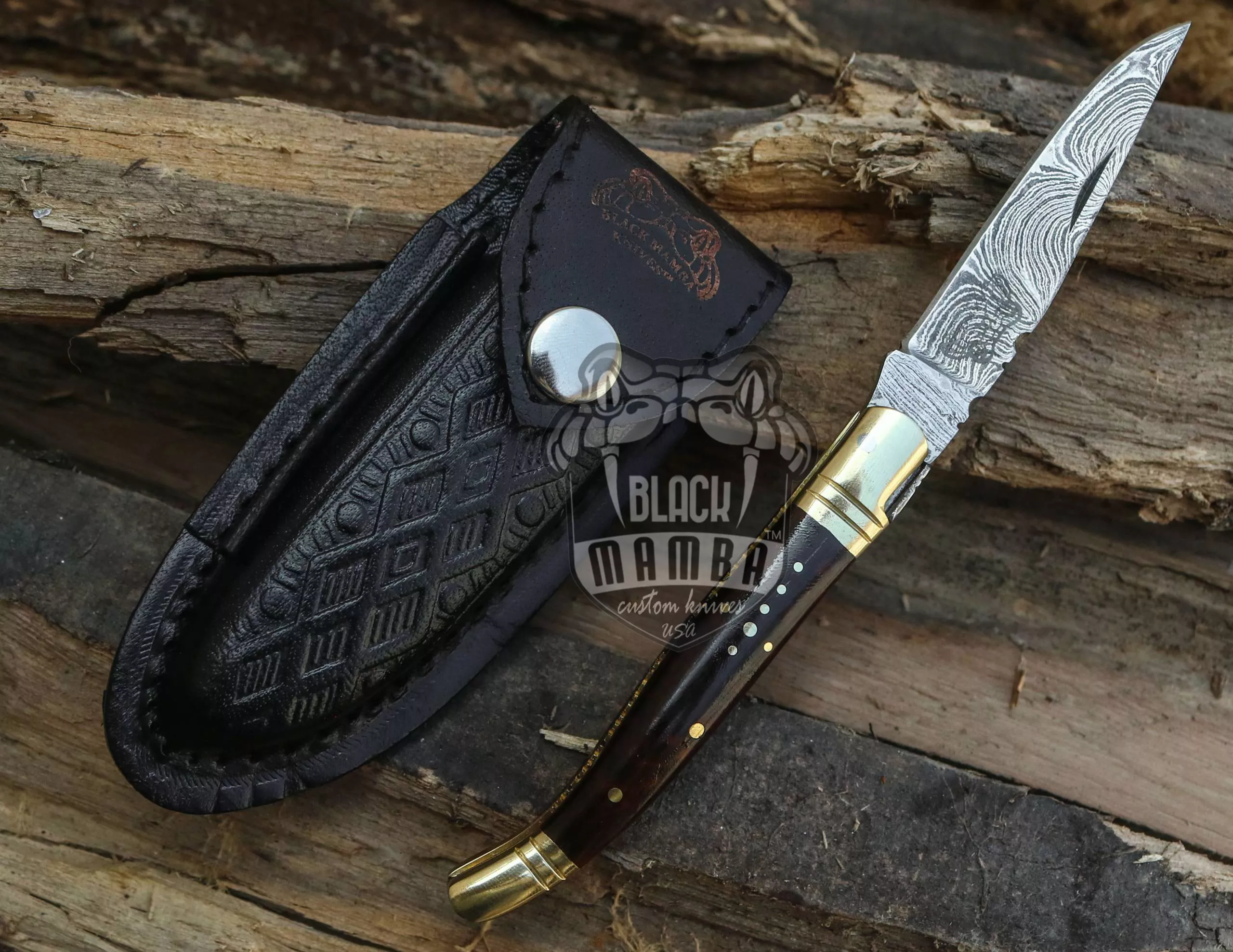 Caramel - Damascus Laguiole Knife, Snake Wood Handle