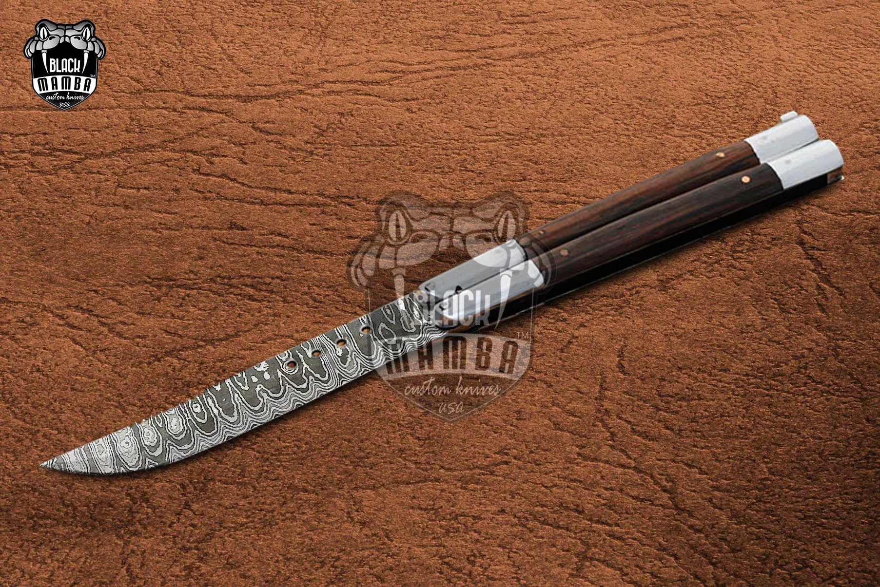 Damascus Balisong Butterfly Knife – Handmade Steel & Wood Handle, 11.4″ Overall | DB-11