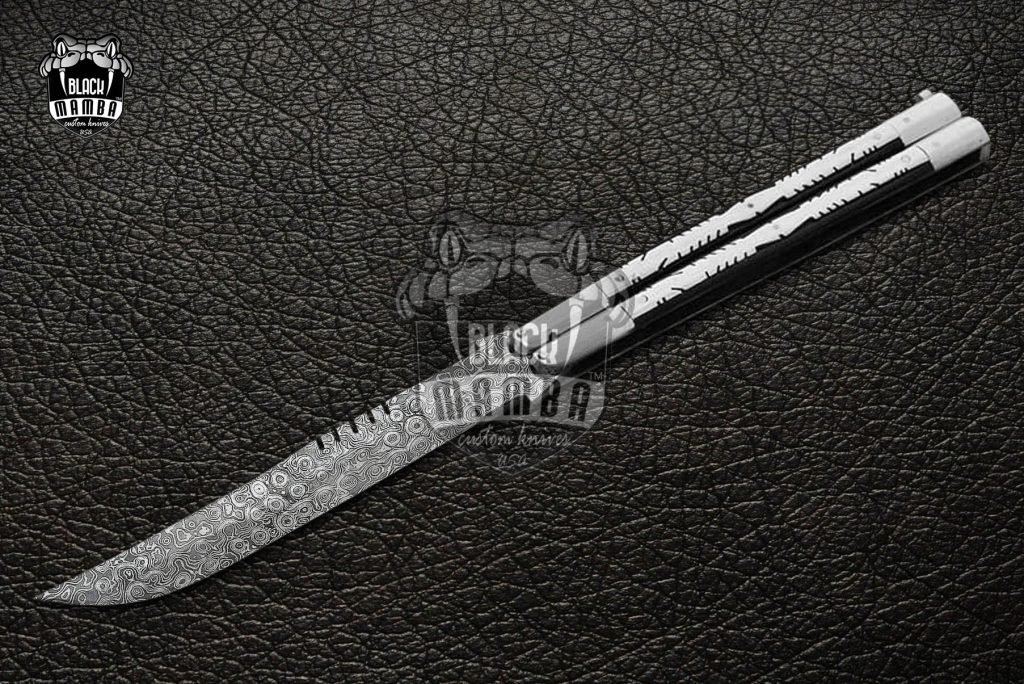 DB-12 Damascus Balisong Butterfly Knife Original Traditional Filipino Butterfly Batanga Knife with handmade steel and raidrop handle black mamba knives USA
