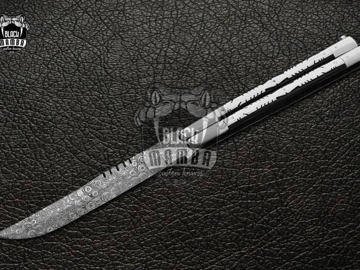 DB-12 Damascus Balisong Butterfly Knife Original Traditional Filipino Butterfly Batanga Knife with handmade steel and raidrop handle black mamba knives USA