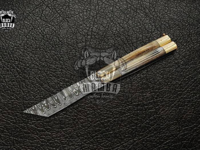 DB-13 Damascus Balisong Butterfly Knife Original Traditional Filipino Butterfly Batanga Knife with handmade brass and stag antler handle black mamba knives USA