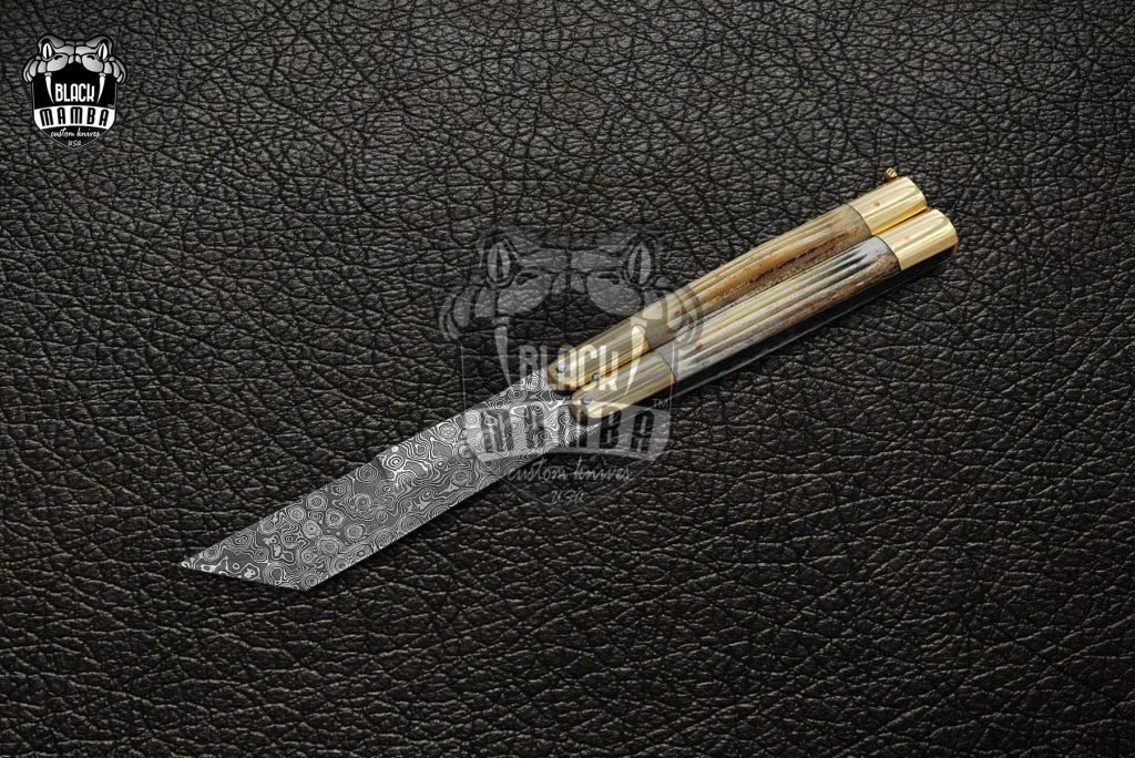 DB-14 Damascus Balisong Butterfly Knife Original Traditional Filipino Butterfly Batanga Knife raindrop pattern with handmade brass and stag antler handle black mamba knives USA