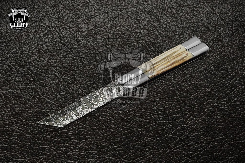 DB-15 Damascus Balisong Butterfly Knife Original Traditional Filipino Butterfly Batanga Knife ladder pattern with handmade Steel and stag handle black mamba knives USA