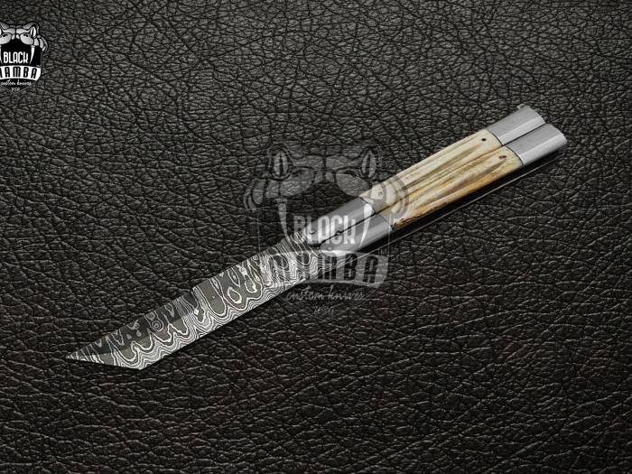 DB-15 Damascus Balisong Butterfly Knife Original Traditional Filipino Butterfly Batanga Knife ladder pattern with handmade Steel and stag handle black mamba knives USA