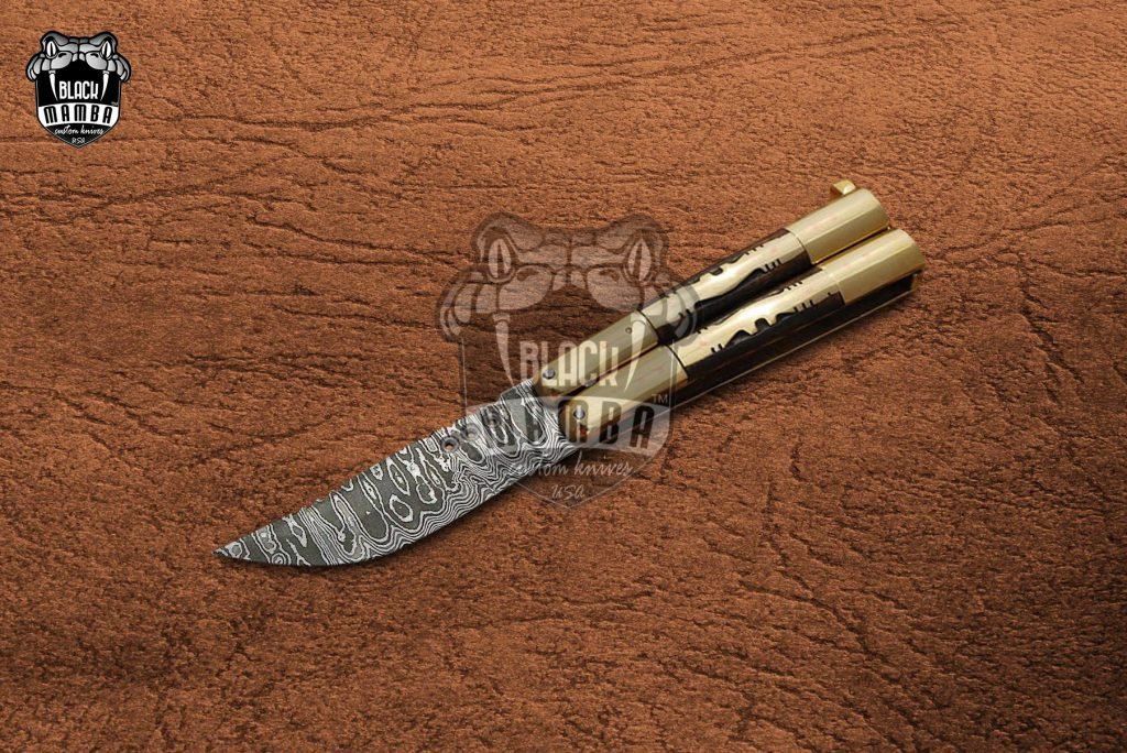 DB-16 Damascus Balisong Butterfly Knife Original Traditional Filipino Butterfly Batanga Knife with handmade brass and wooden handle black mamba knives USA