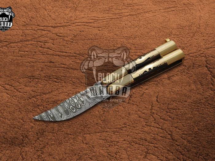 DB-16 Damascus Balisong Butterfly Knife Original Traditional Filipino Butterfly Batanga Knife with handmade brass and wooden handle black mamba knives USA
