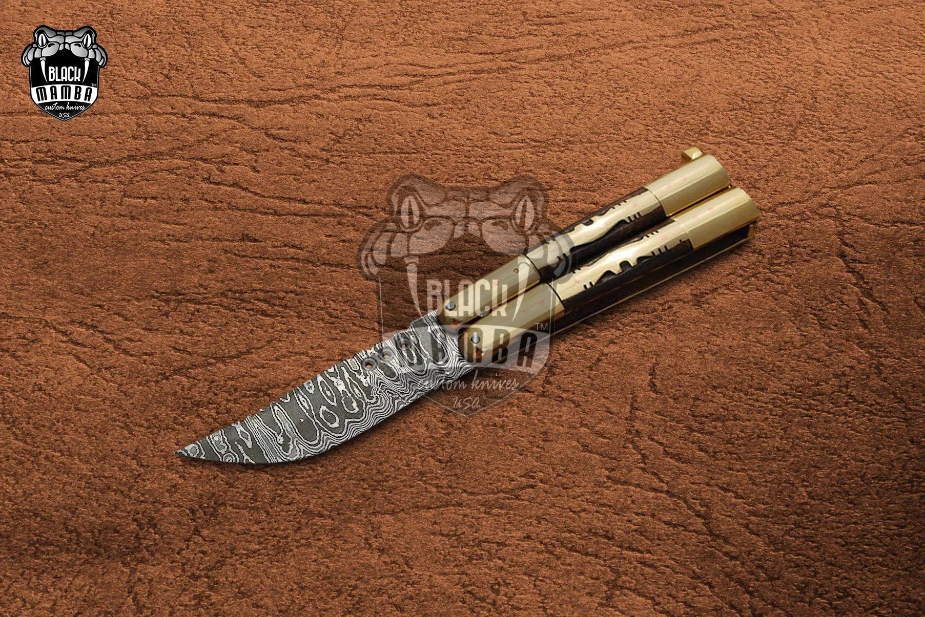Damascus Balisong Butterfly Knife – Handmade Brass & Wood Handle, 6.2″ Overall | DB-16