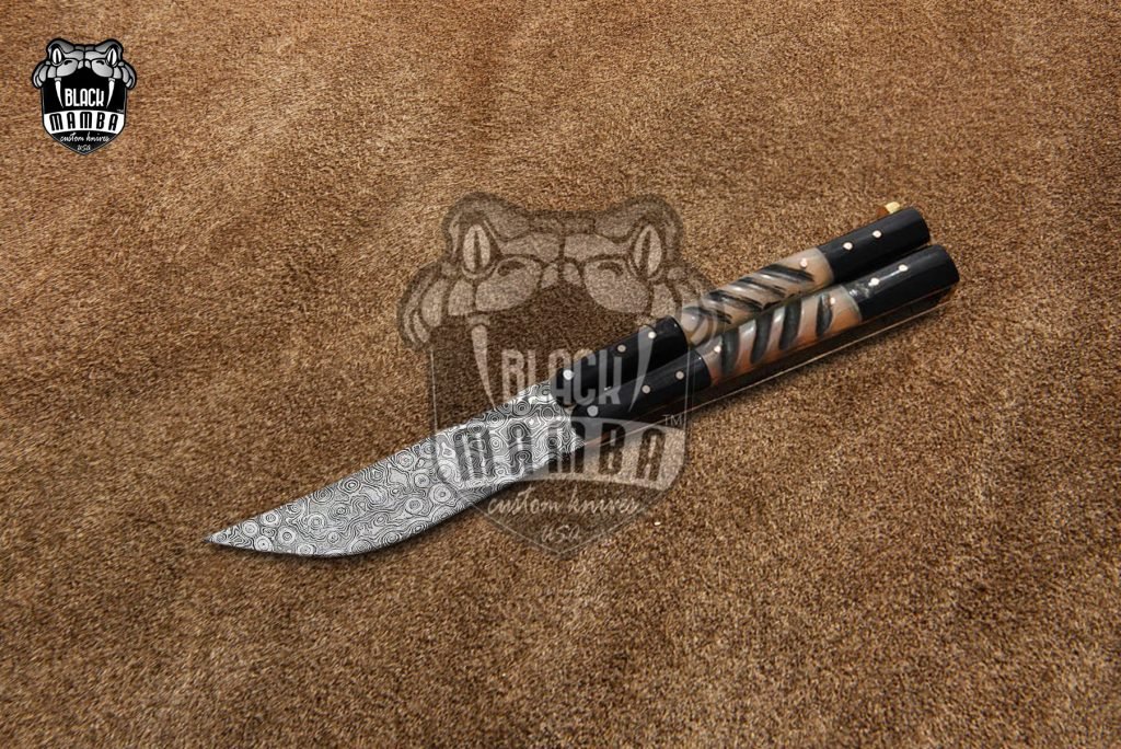 DB-17 Damascus Balisong Butterfly Knife with Ram Horn and Resin Handle Handmade Original Traditional Filipino Butterfly Batanga Knife  black mamba knives USA