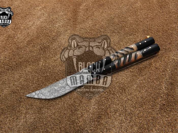 DB-17 Damascus Balisong Butterfly Knife with Ram Horn and Resin Handle Handmade Original Traditional Filipino Butterfly Batanga Knife  black mamba knives USA